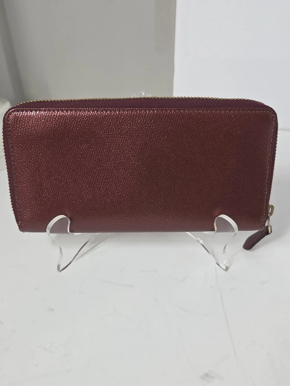 coach f54007 accordian zip around wallet metallic cherry wine front card pocket